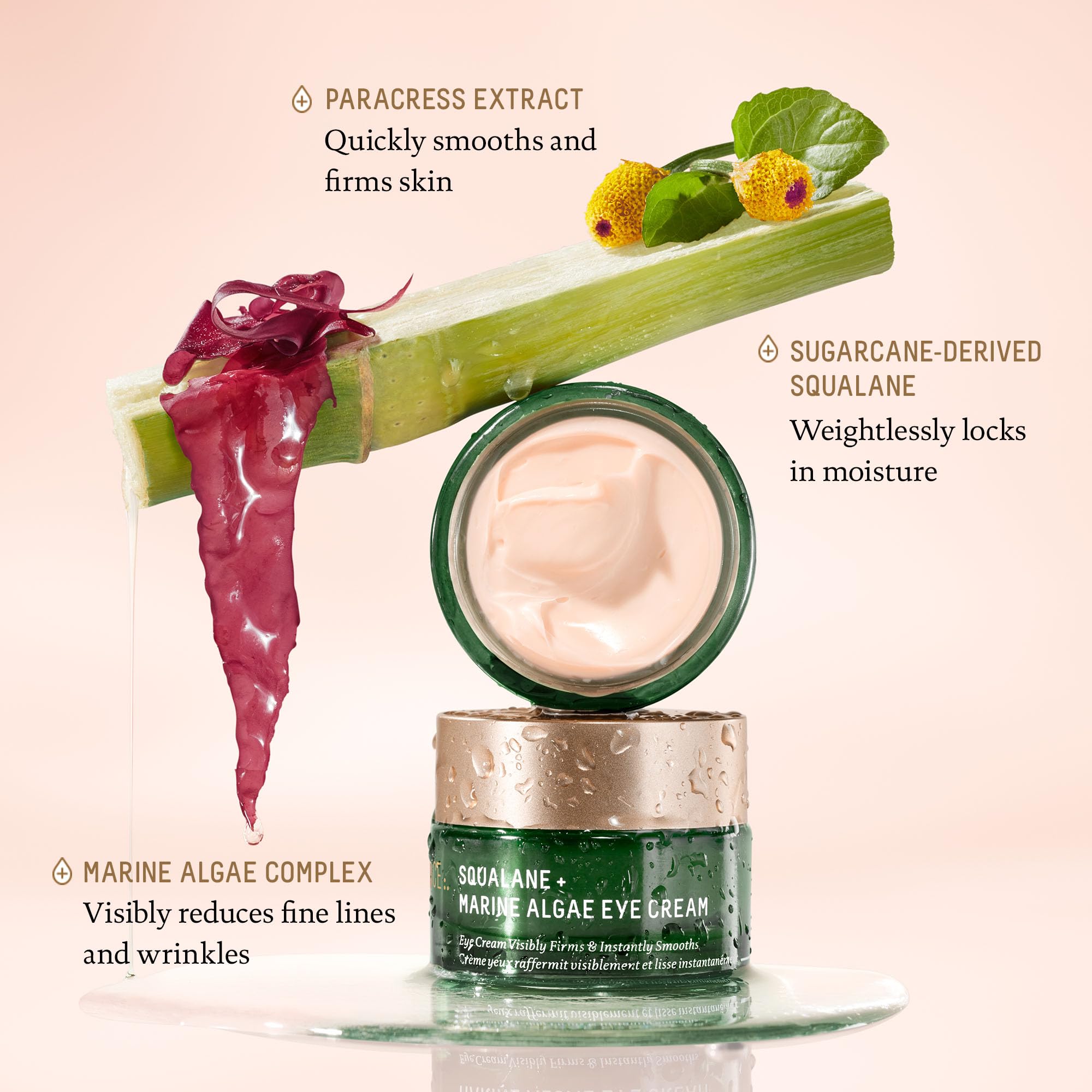 Biossance Squalane and Marine Algae Eye Cream jar with lid open
