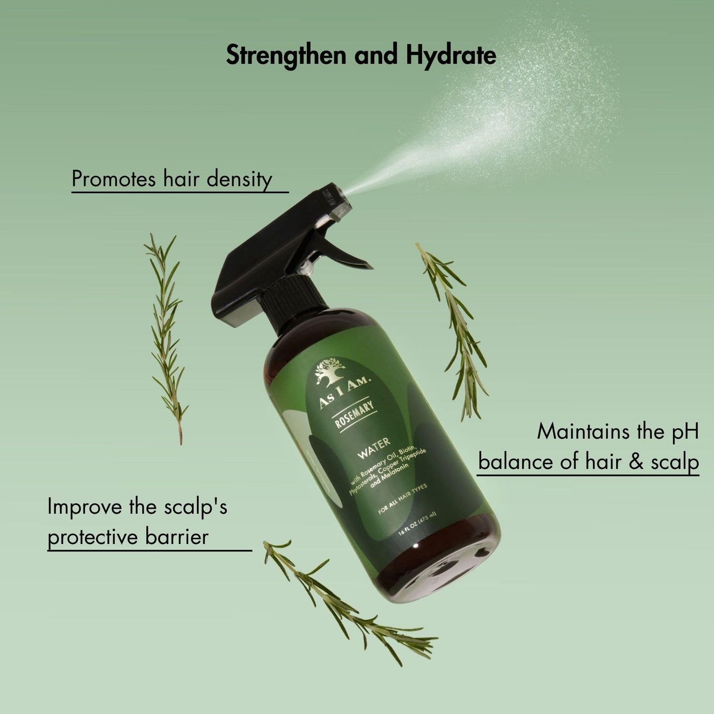 Close up of As I Am Rosemary Water spray nozzle and bottle design