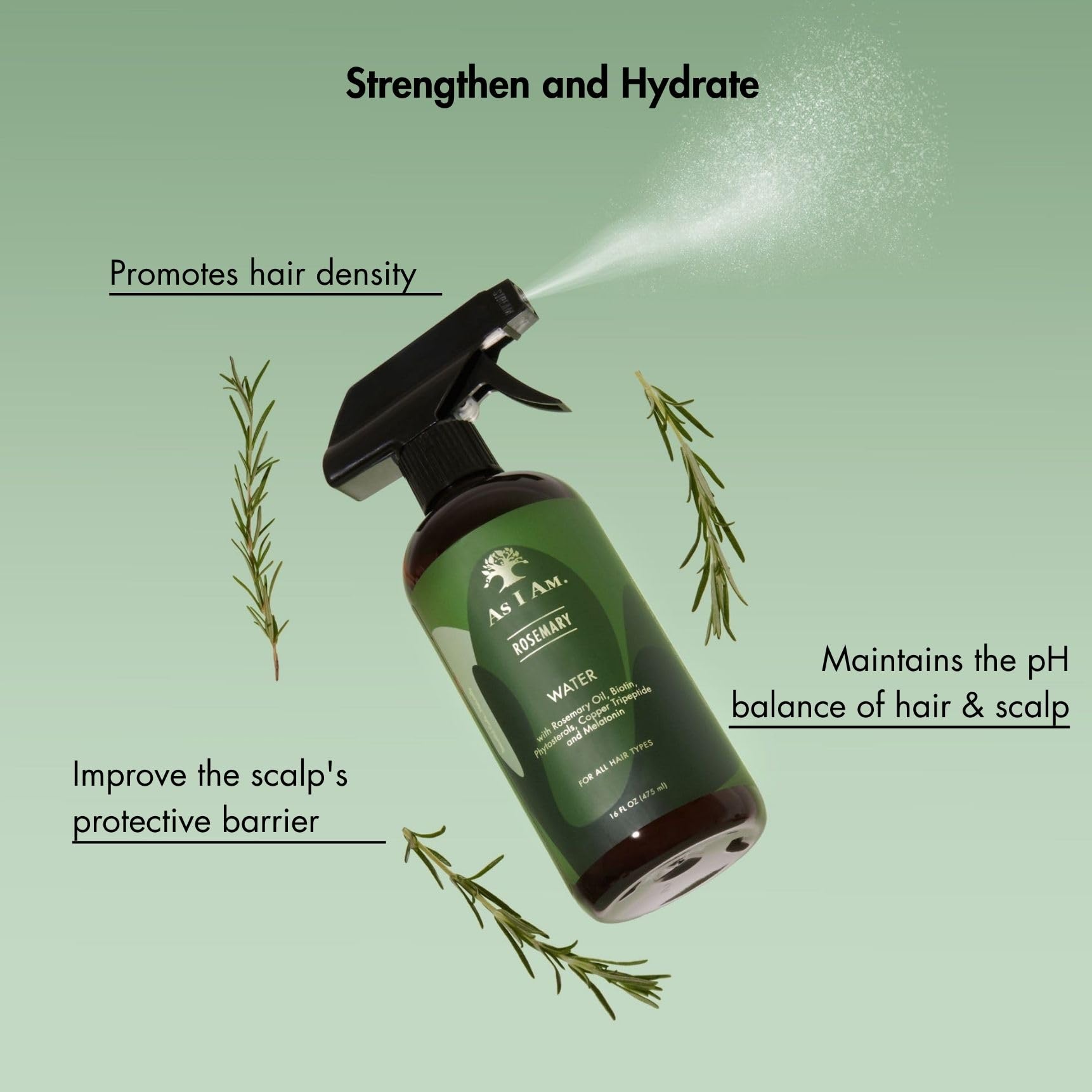 Close up of As I Am Rosemary Water spray nozzle and bottle design