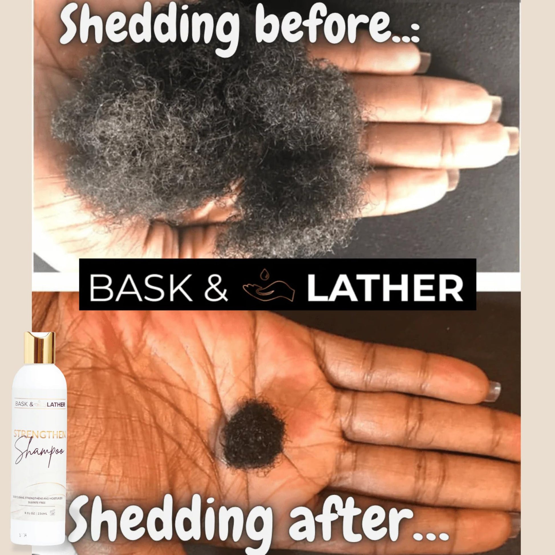 Close up of Bask And Lather Strengthen Shampoo 8 fluid ounce label