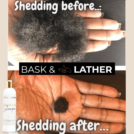 Close up of Bask And Lather Strengthen Shampoo 8 fluid ounce label
