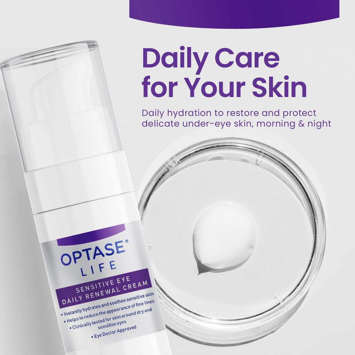 Optase Life Sensitive Eye Daily Renewal Cream size comparison and bottle angle