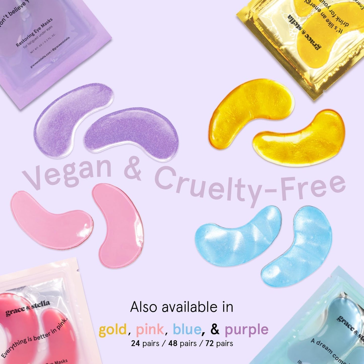 Vegan and cruelty free under eye masks containing hyaluronic acid and ceramides.