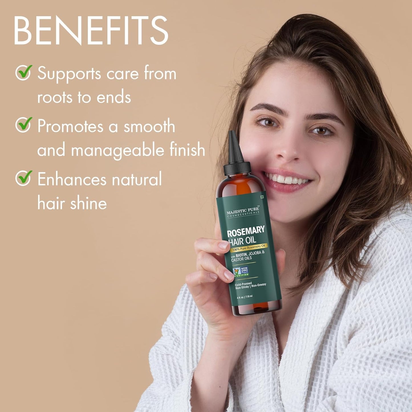Majestic Pure rosemary oil packaging with product benefits