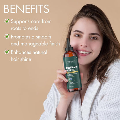 Majestic Pure rosemary oil packaging with product benefits