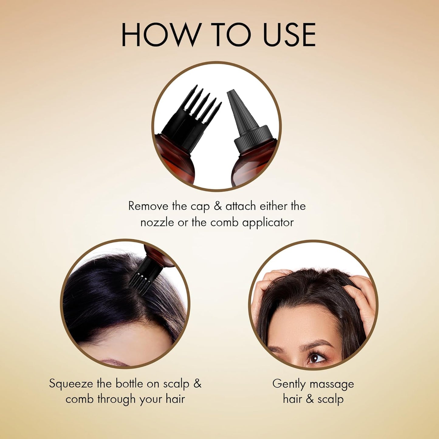 Instructions on how to apply Majestic Pure rosemary hair oil