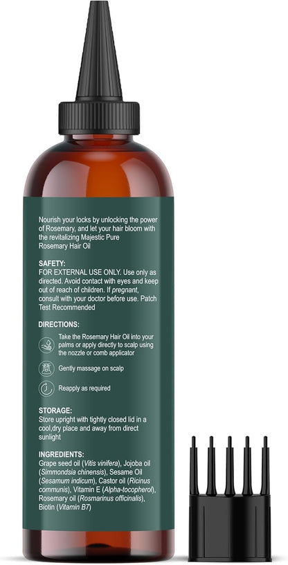 Majestic Pure hair oil bottle next to natural rosemary sprigs