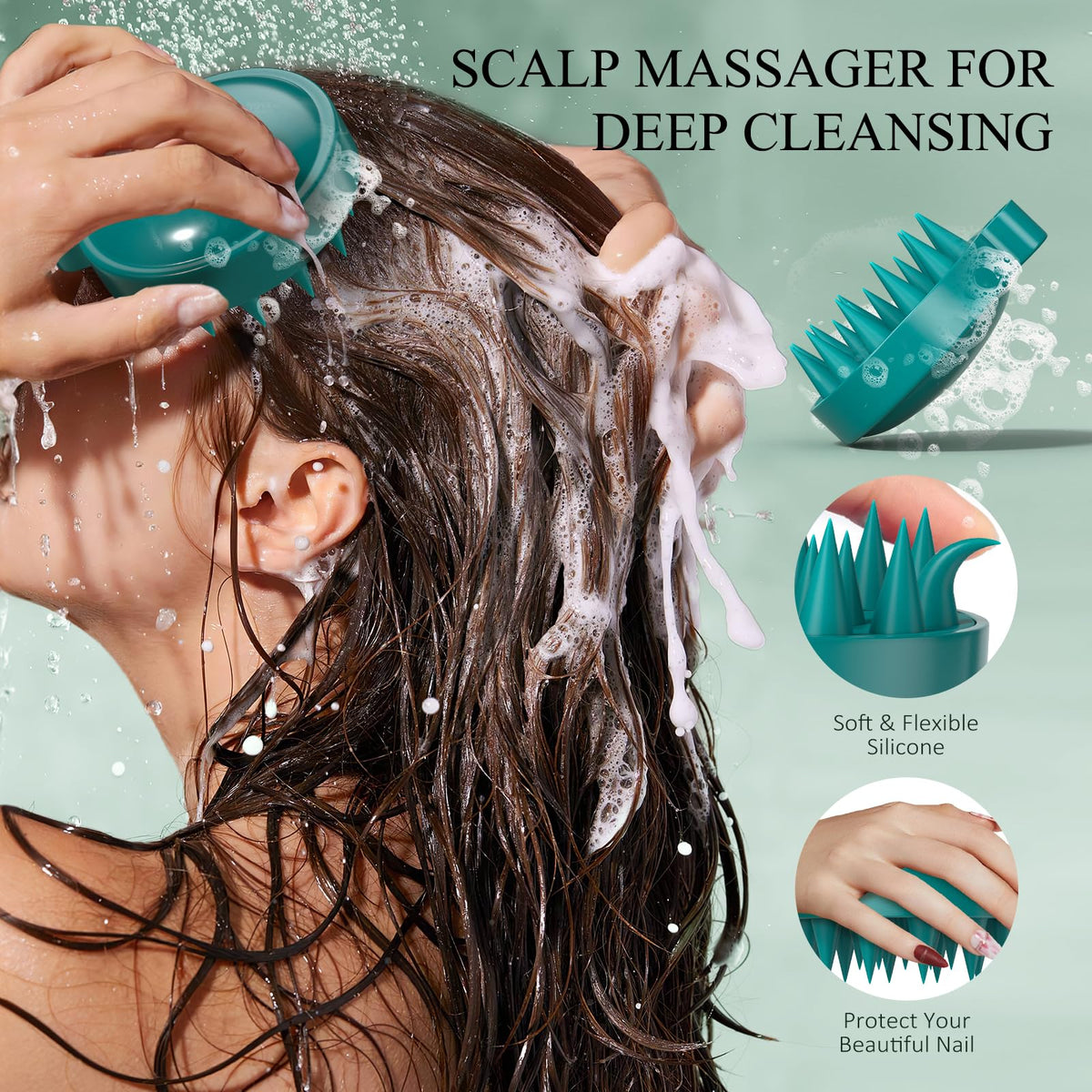 Lifestyle image of Voeruy scalp scrub demonstrating use on wet hair roots