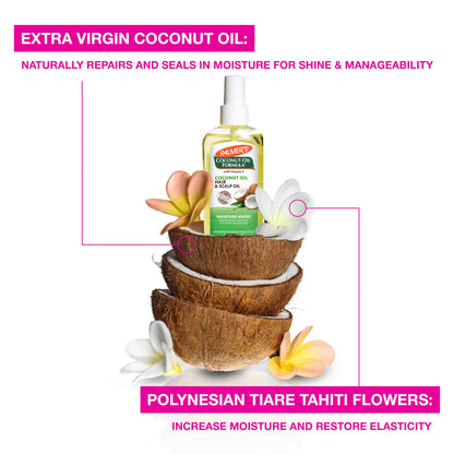Back of Palmers hair and scalp oil spray bottle showing ingredients