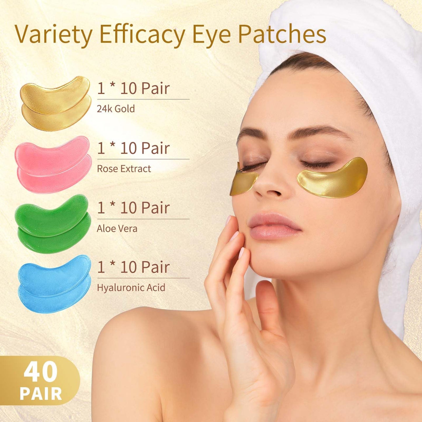 USTELIR 24K Gold hydrogel patches being applied under the eye for dark circle reduction.