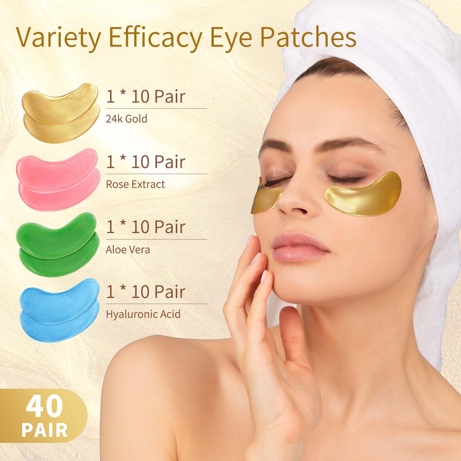 USTELIR 24K Gold hydrogel patches being applied under the eye for dark circle reduction.