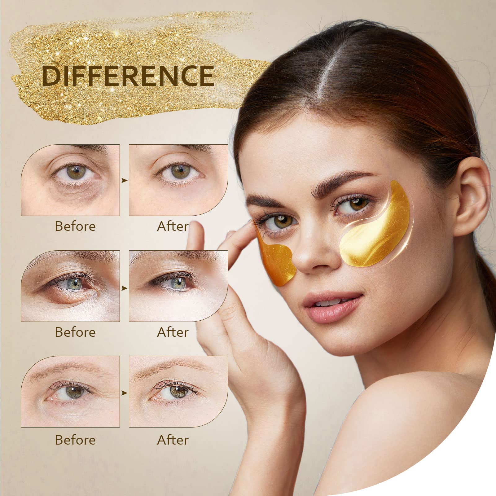 Close up of Taimand hydrogel eye masks applied under the eyes for dark circles treatment.