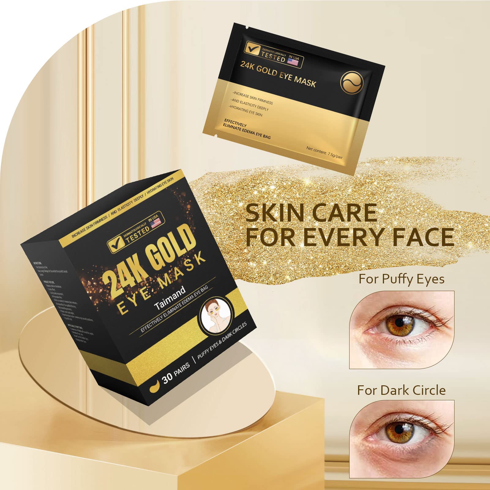 Authentic Taimand skincare 24K gold eye mask for reducing wrinkles and puffiness.