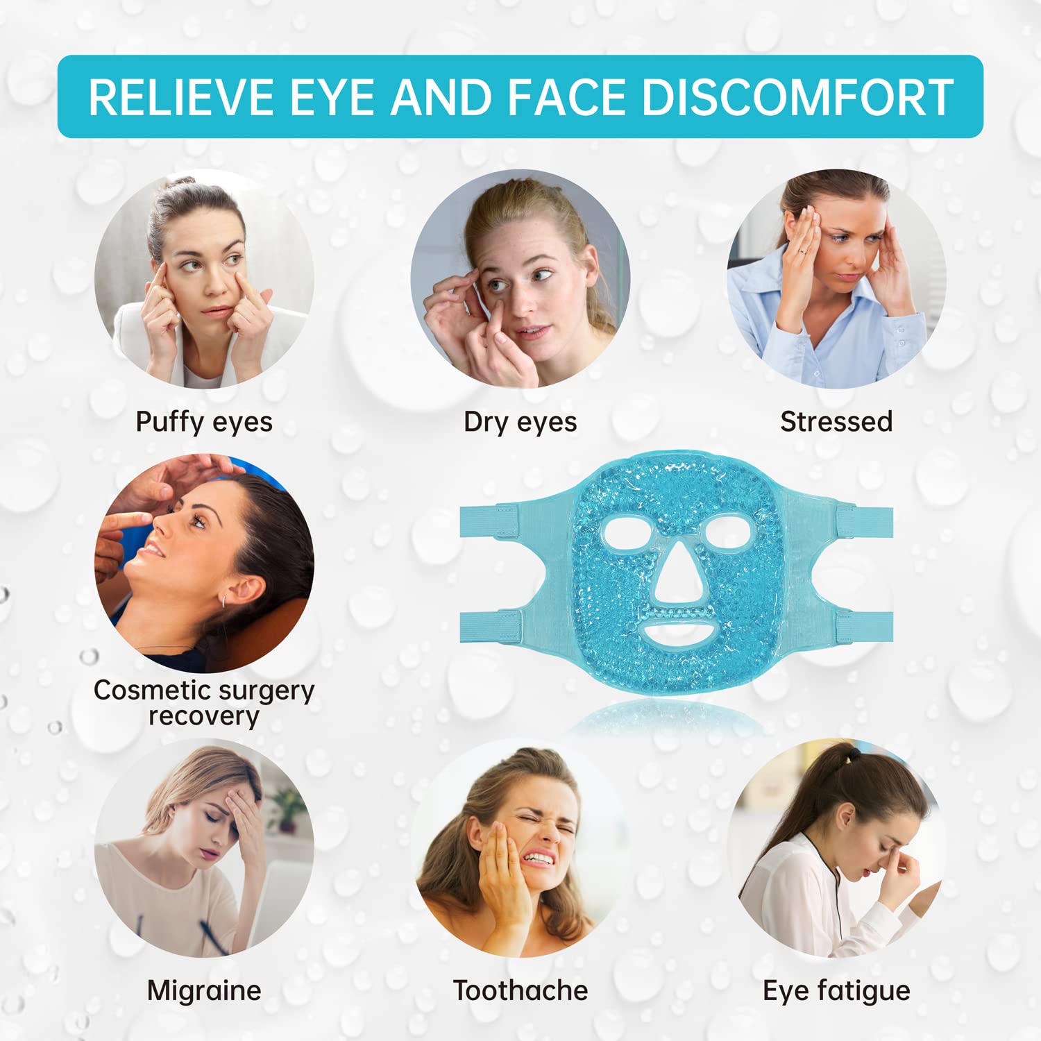 Blue gel bead mask being used as a cold compress for eyes