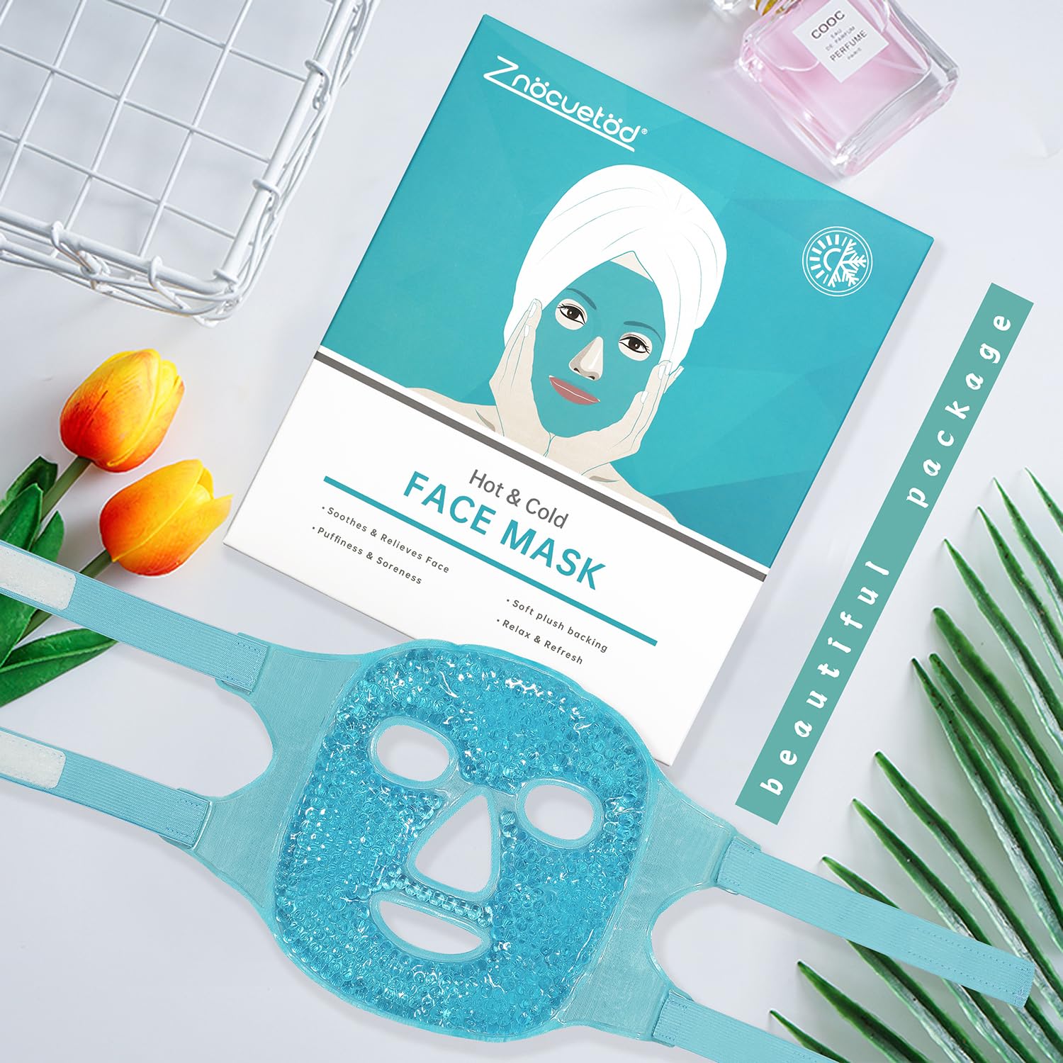 Model wearing blue gel face mask for spa relaxation