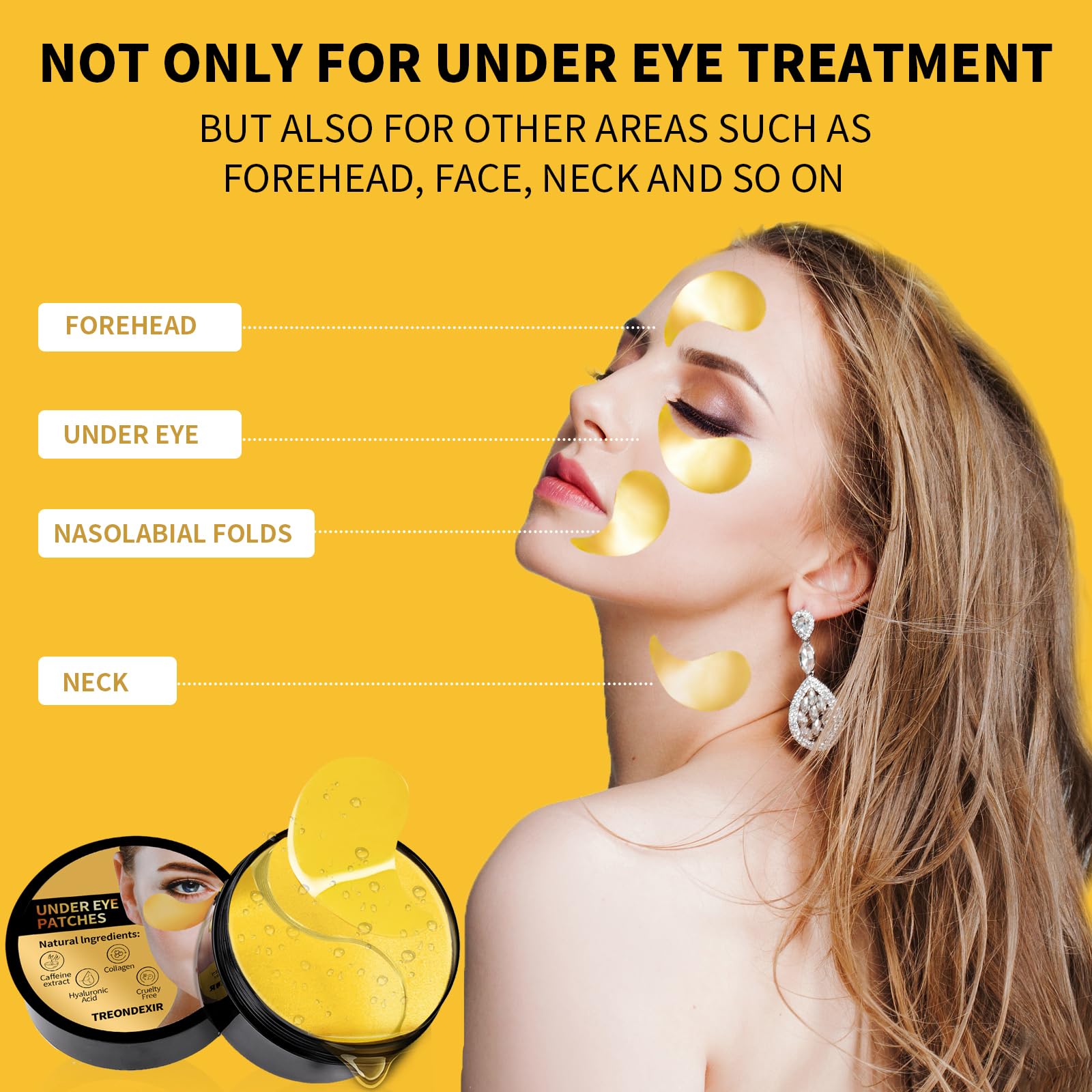 Treondexir eye masks packaging showing caffeine and peptide ingredients