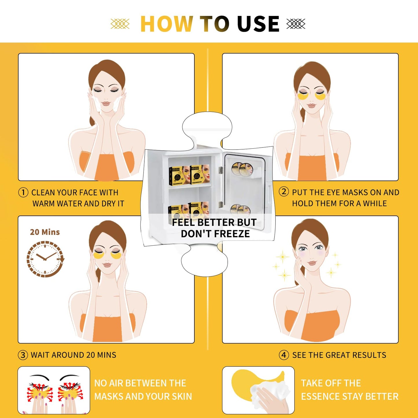 Top view of 70 piece 24K gold eye mask set with spatula