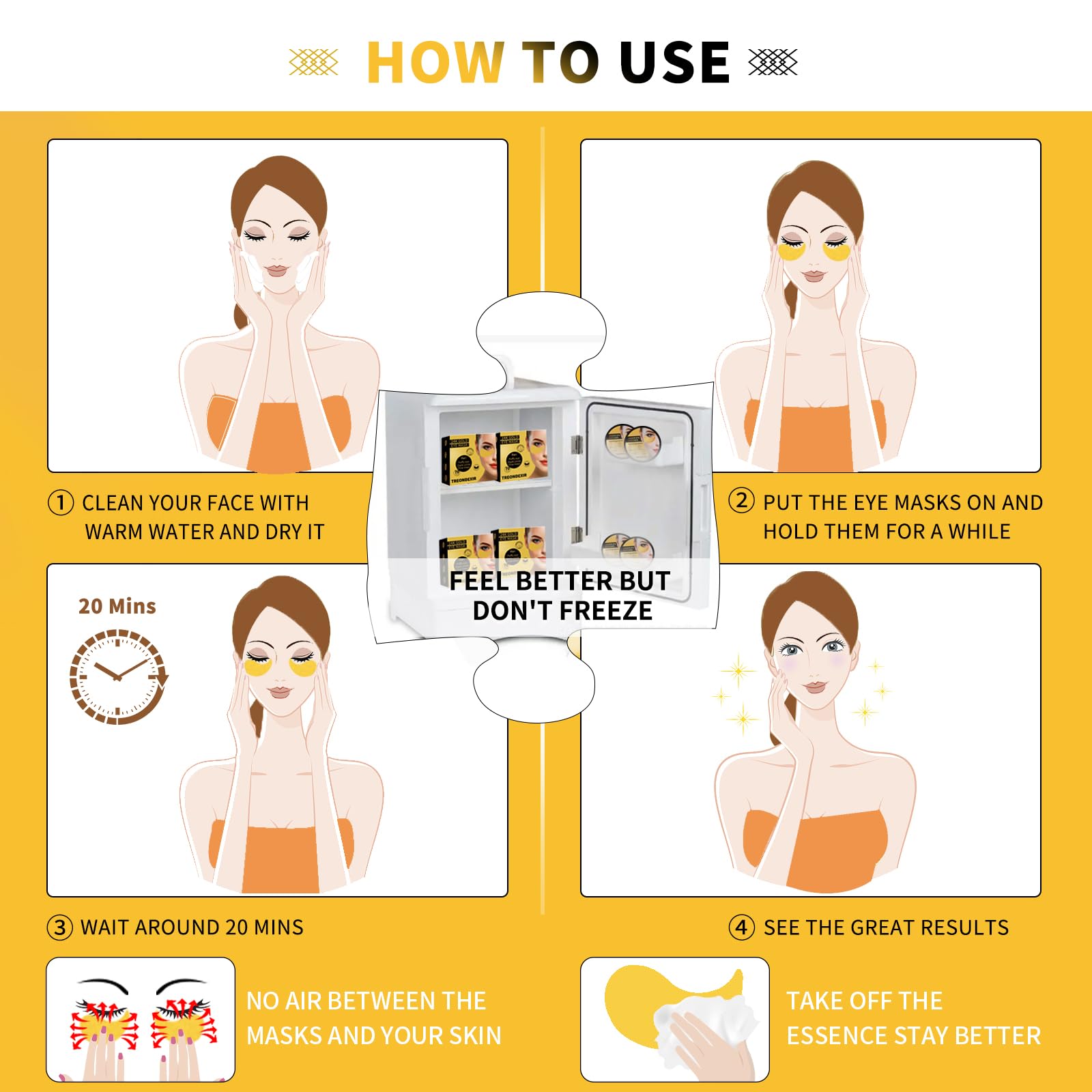 Top view of 70 piece 24K gold eye mask set with spatula