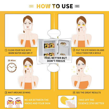 Top view of 70 piece 24K gold eye mask set with spatula