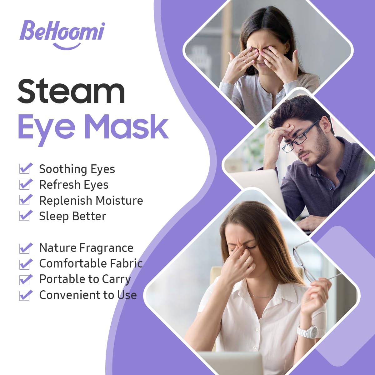 Person wearing BeHoomi disposable steam eye mask for relaxation