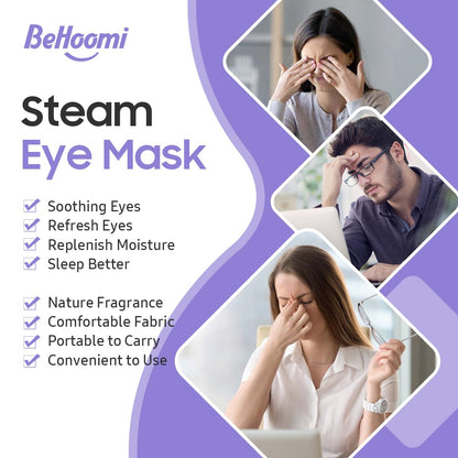 Person wearing BeHoomi disposable steam eye mask for relaxation