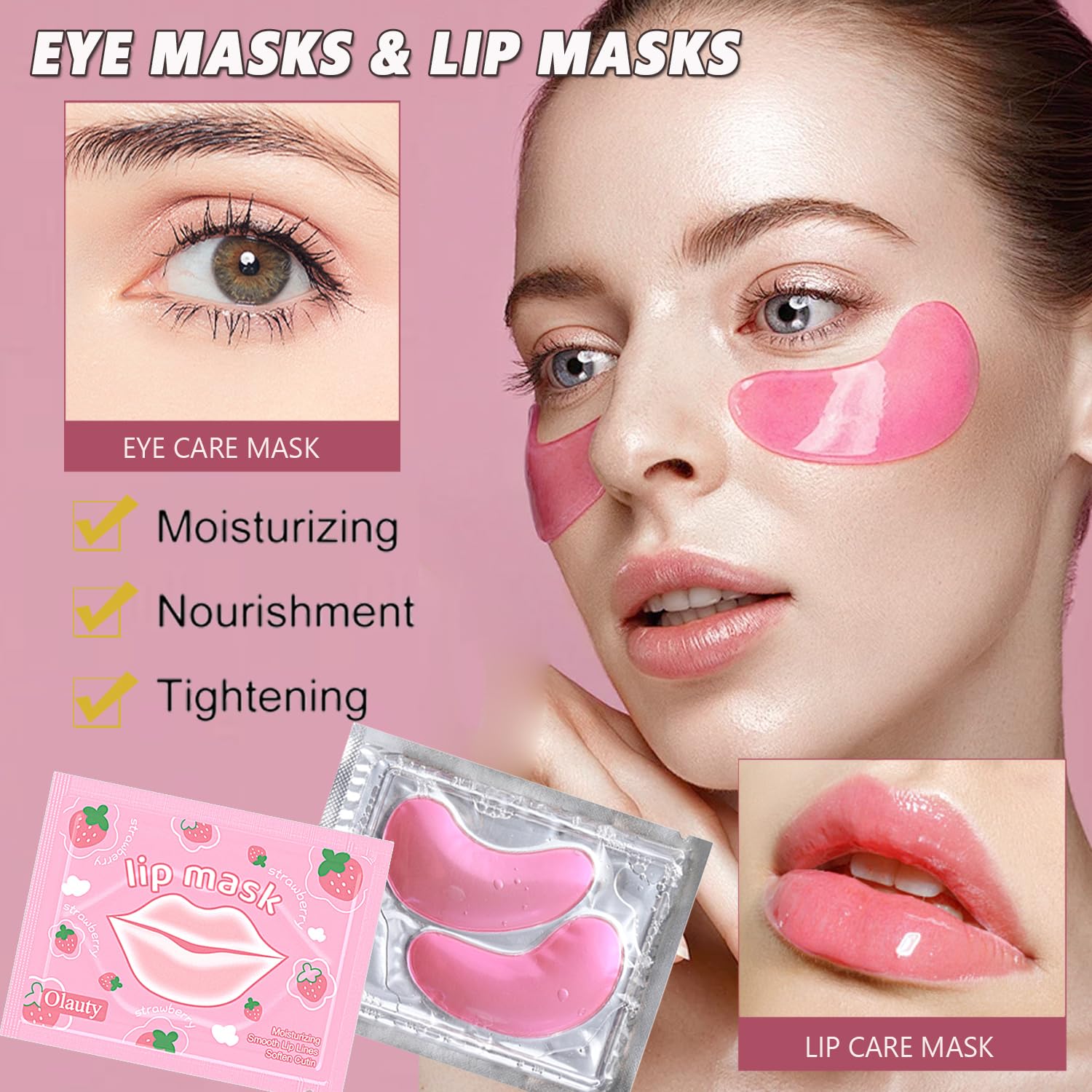 Thirty pairs of under eye patches for puffy eyes and moisturizing lip mask pink pads displayed together