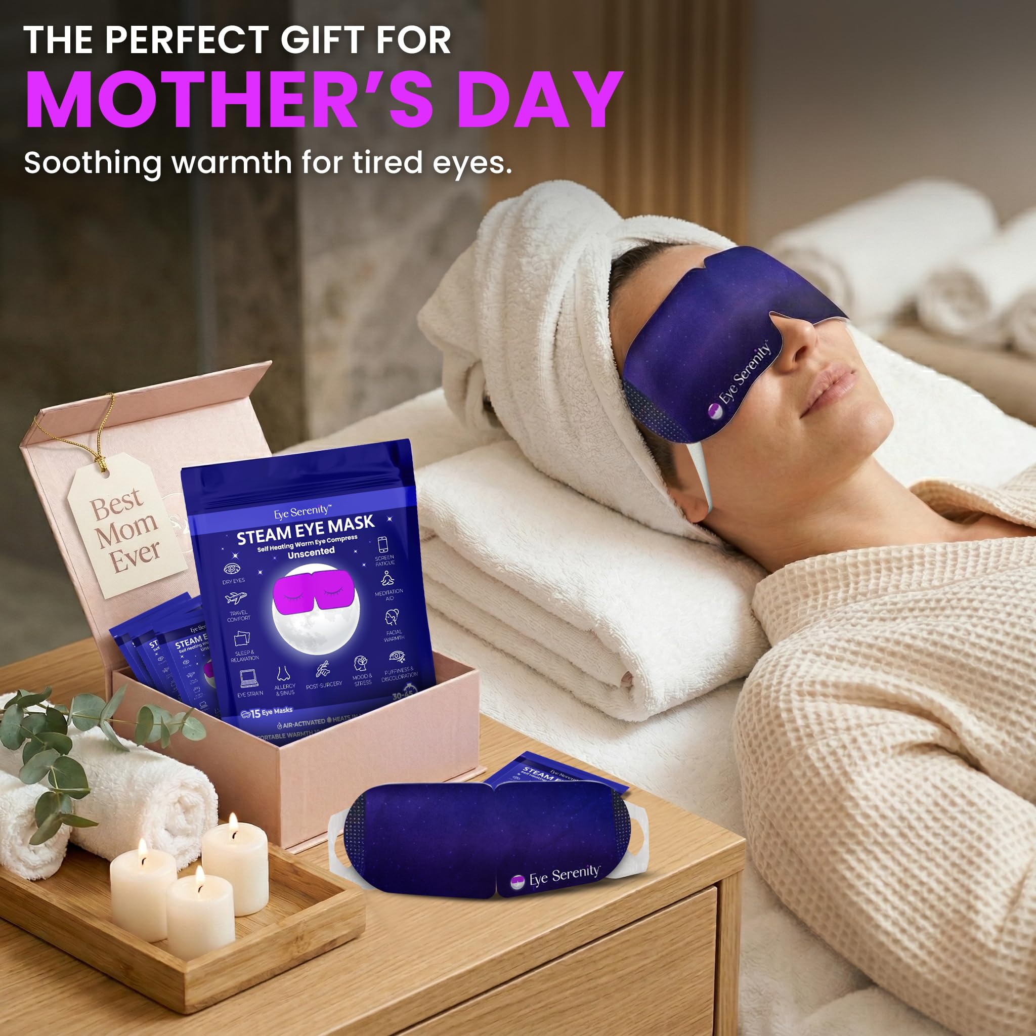 Disposable heated eye mask applied on face demonstrating moist heat therapy for dry eyes
