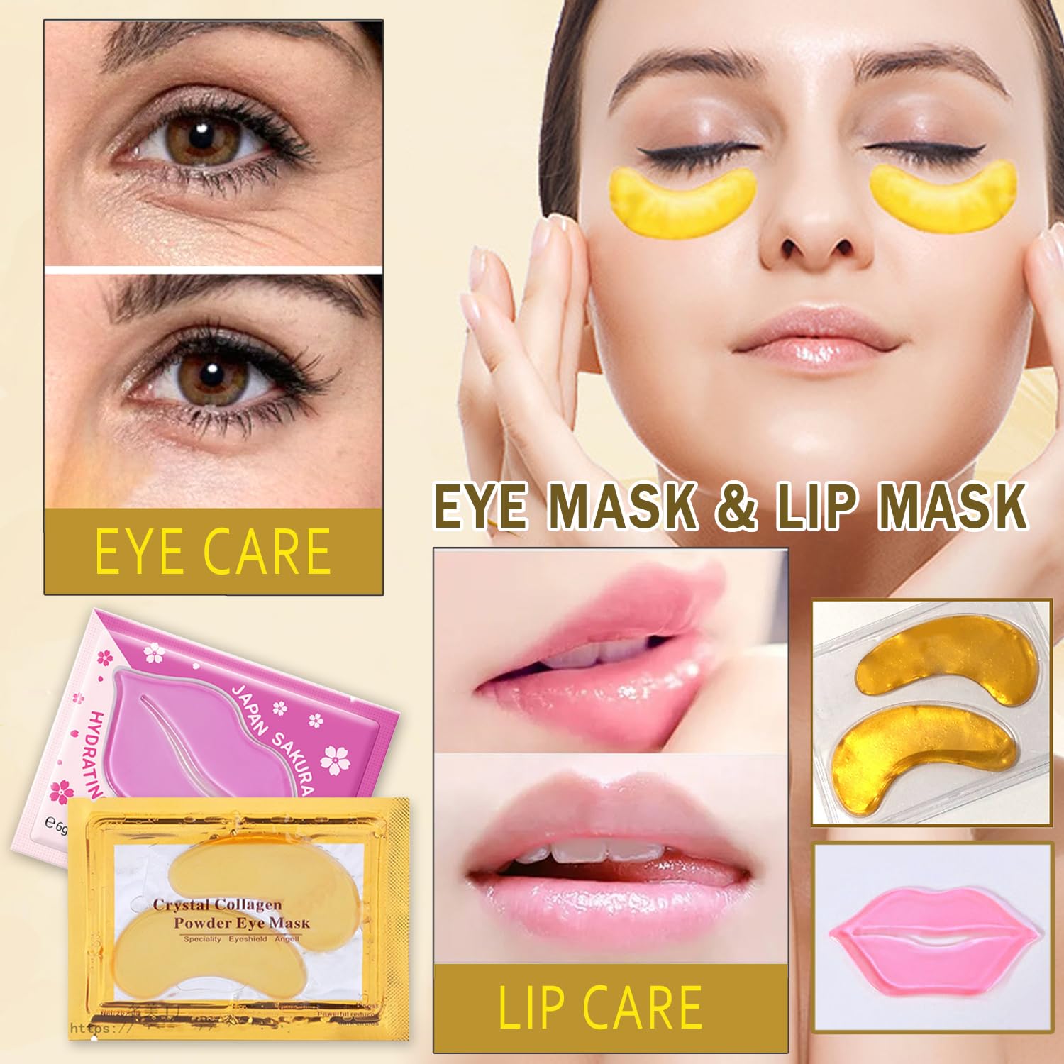 Close up view of gold crystal collagen under eye gel patches for puffiness reduction.