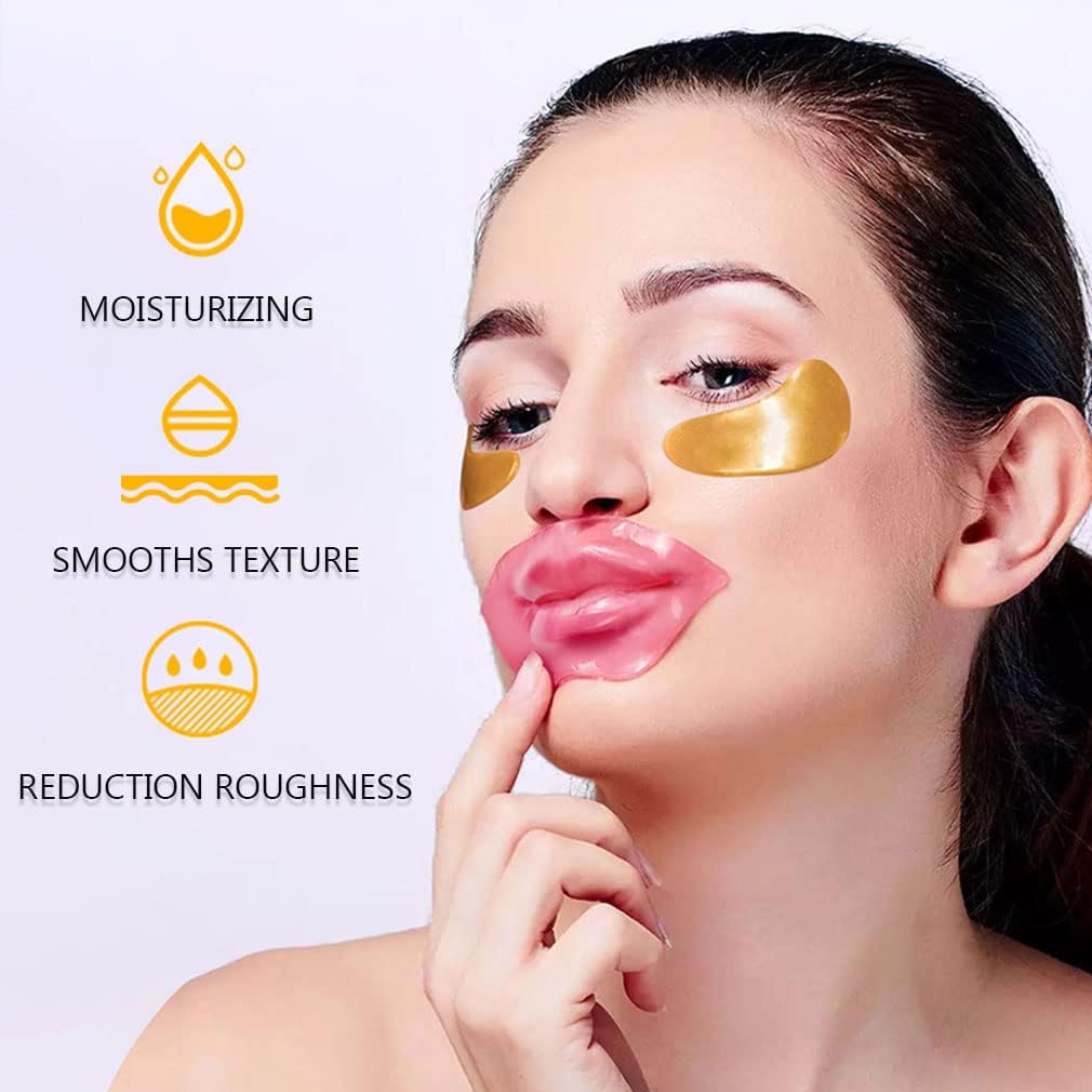 Individually wrapped gold under eye patches and pink peach lip mask packets arranged for gifting.