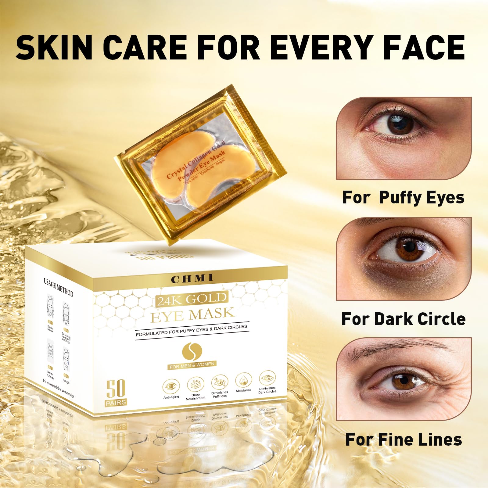 CHMI collagen hydrogel eye mask gold patches applied under the eyes
