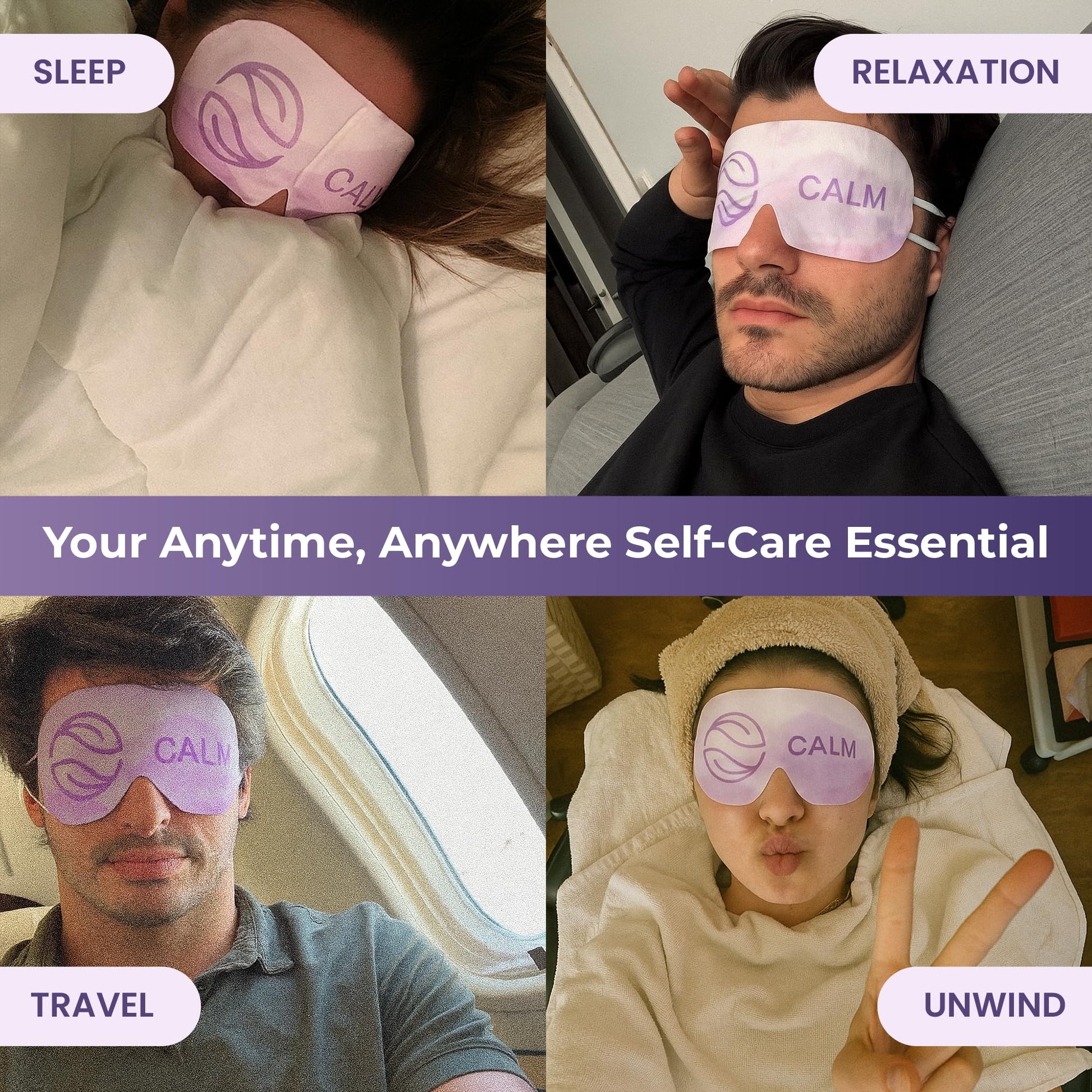 Close up of the soothing steam eye mask applied for relieving digital eye strain.