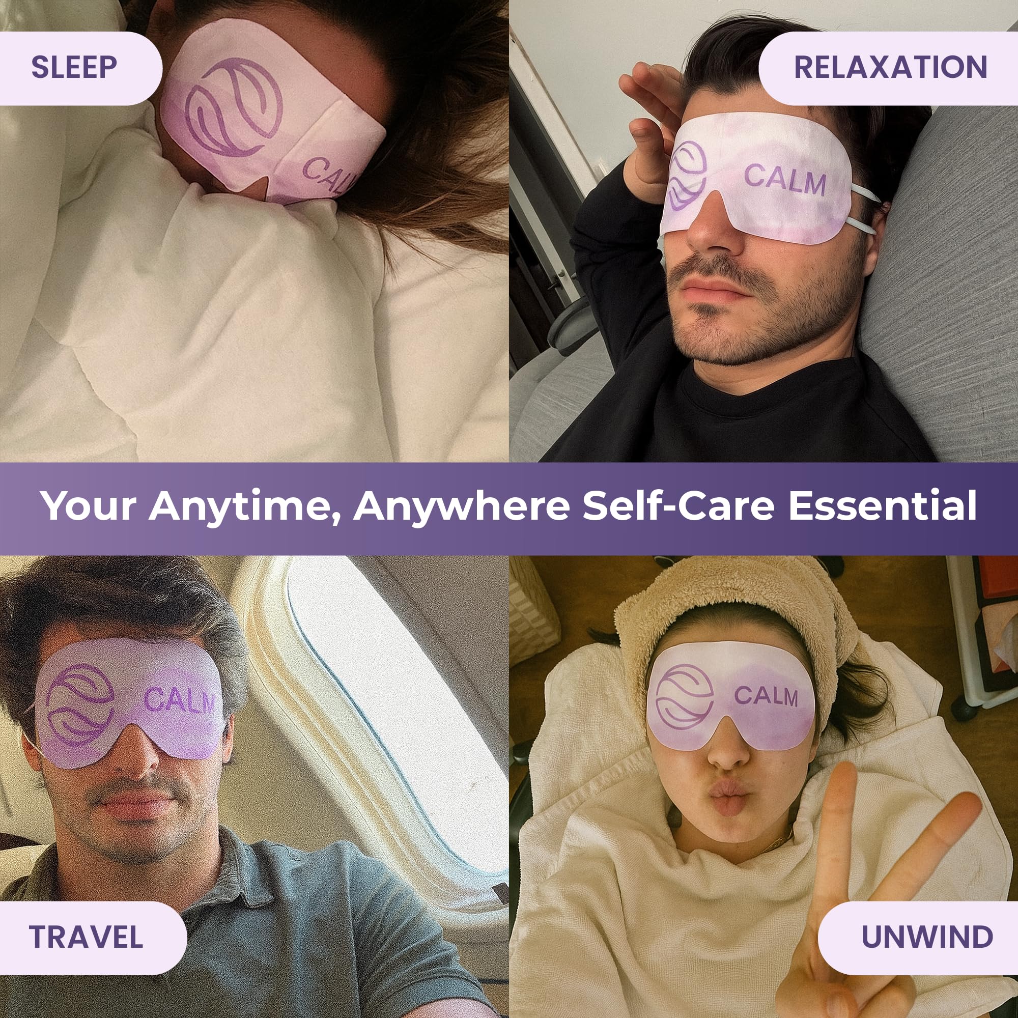Close up of the soothing steam eye mask applied for relieving digital eye strain.