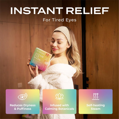 Five count variety box of Body Restore heated compress masks for reducing puffiness and dark circles.