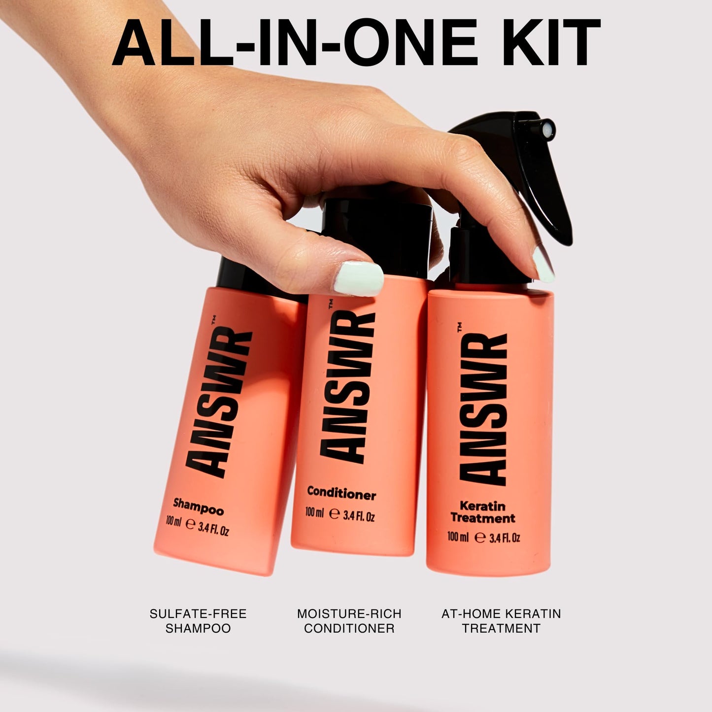 ANSWR professional smoothing hair treatment spray bottle and tubes