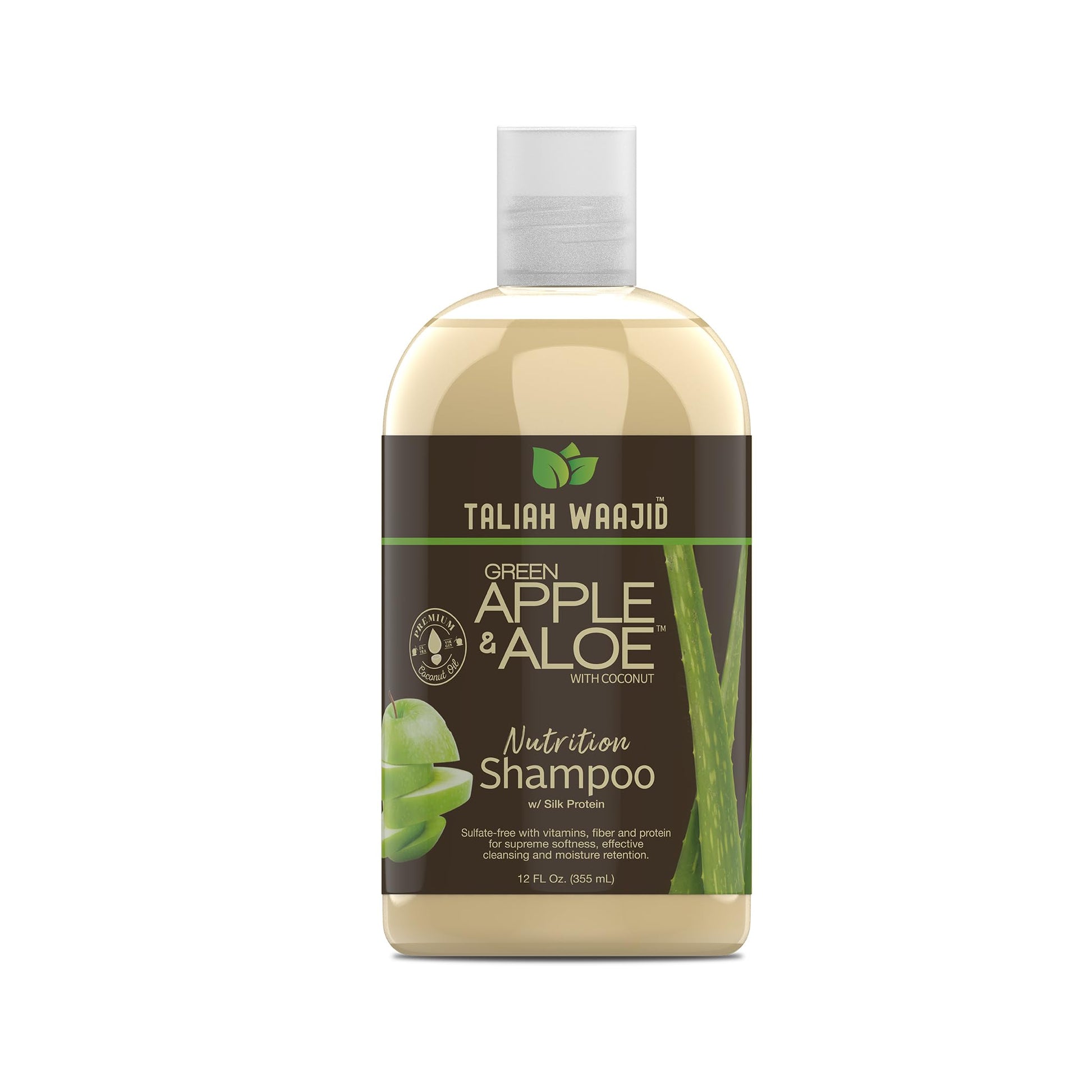 Taliah Waajid natural hair care regimen showing green apple and aloe vera ingredients label