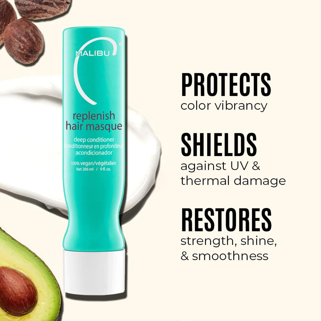 Close-up of Malibu C turquoise clarifying shampoo bottle pump dispenser