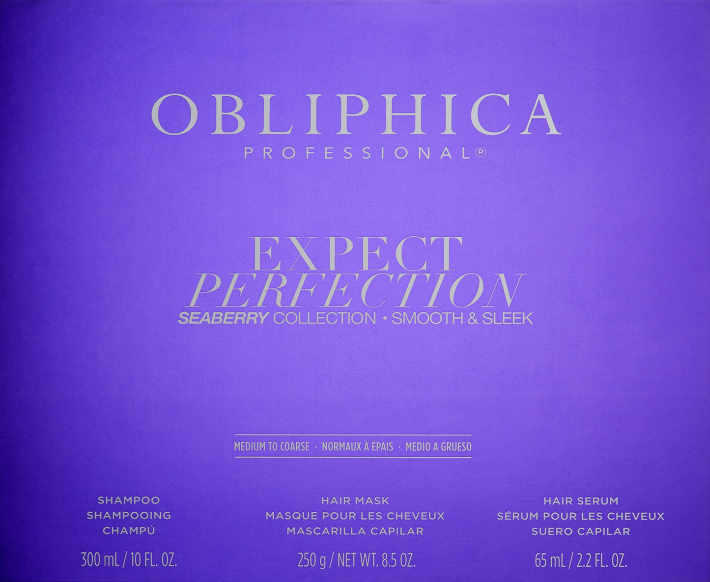 Obliphica Professional shampoo and hair mask bottles showcasing the purple luxury packaging design.