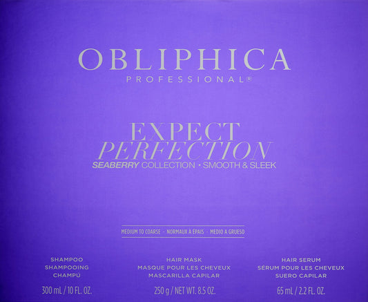 Obliphica Professional shampoo and hair mask bottles showcasing the purple luxury packaging design.