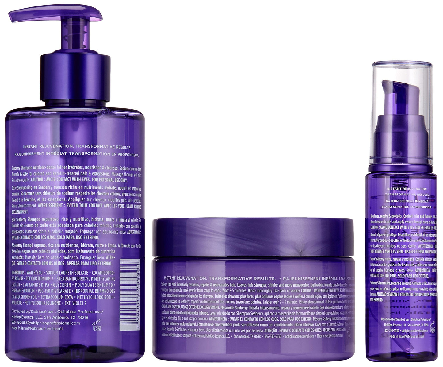 Back label view of the Obliphica Sleek and Smooth Seaberry Collection displaying product directions.