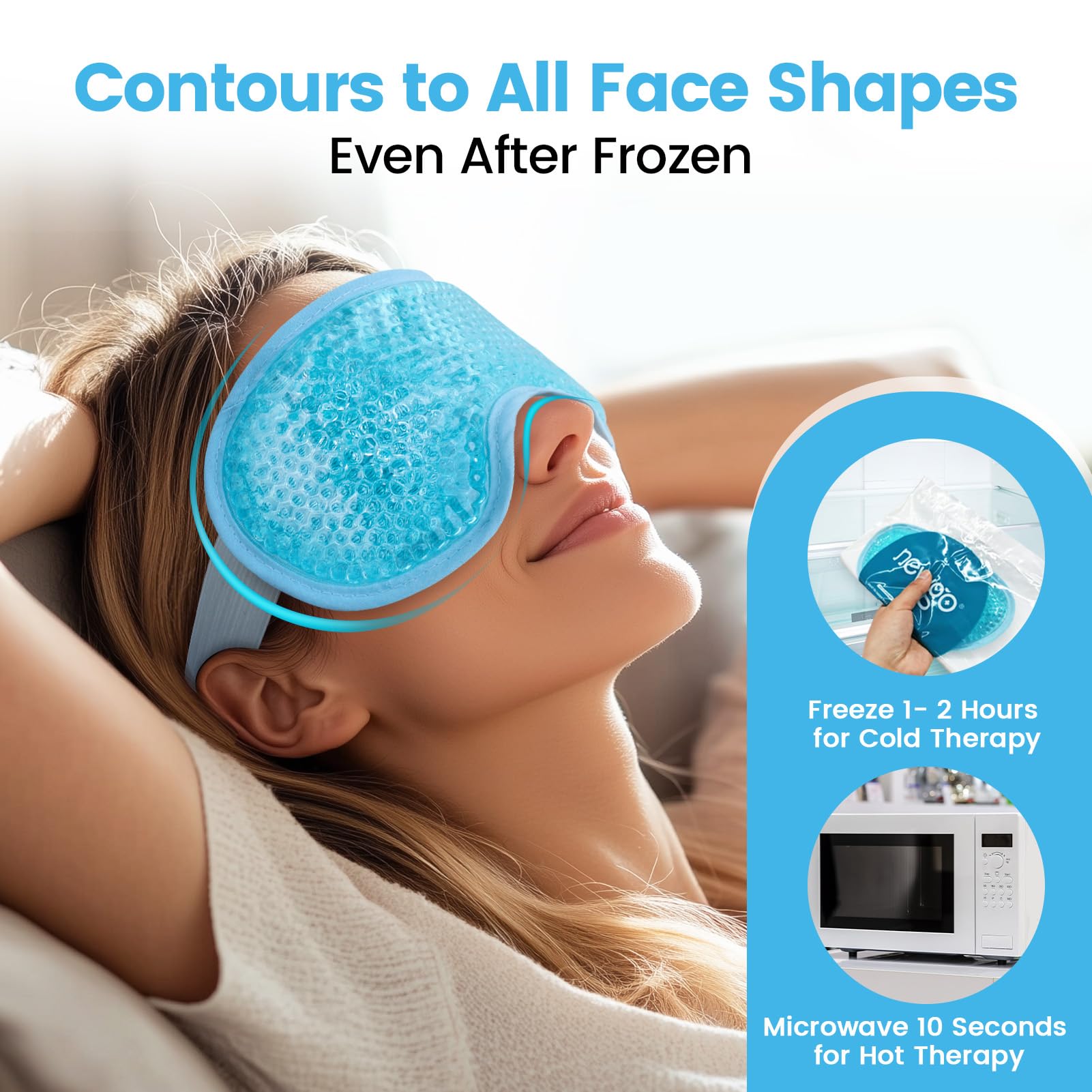 Close up of Newgo gel beads in light blue cooling mask