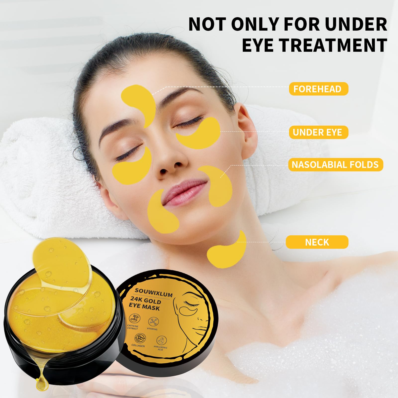 Souwixlum 24K gold eye mask jar open with spatula showing 70 pieces of gel patches
