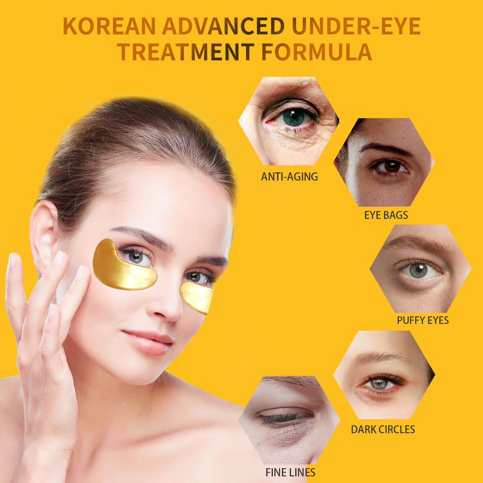 Close up of the golden hydrogel eye pads infused with collagen and sodium hyaluronate for dark circles.