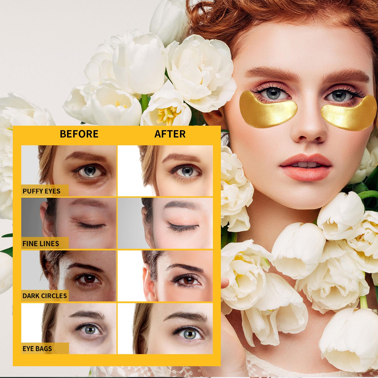 Step by step application of the cooling 24K gold eye patches under the eyes to treat bags.