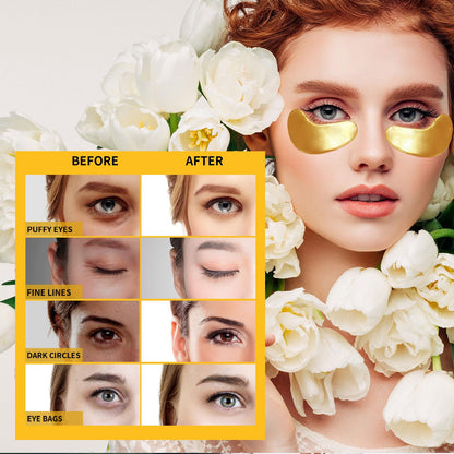 Step by step application of the cooling 24K gold eye patches under the eyes to treat bags.