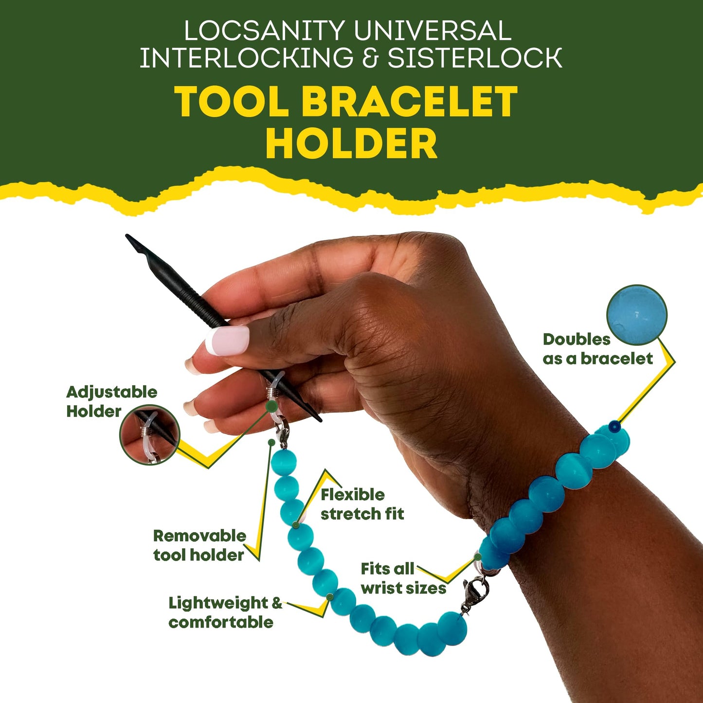 Locsanity sisterlock needle holder wristband showcasing the crackle quartz bead detailing.