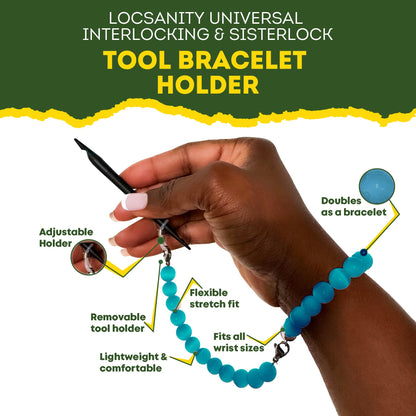 Locsanity sisterlock needle holder wristband showcasing the crackle quartz bead detailing.