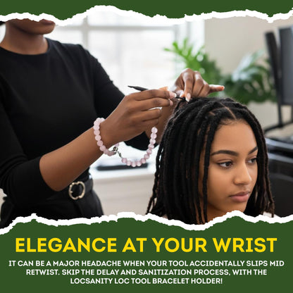 Locsanity dreadlock tool bracelet accessory displaying the secure tool threading placement.