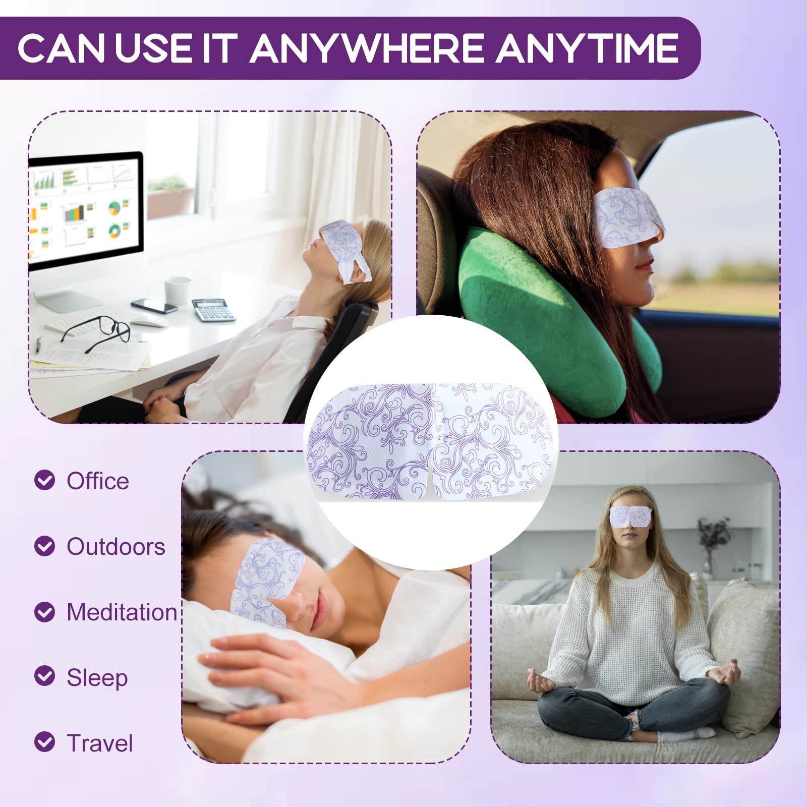 Demonstration of the air activated warm steam warming therapy for soothing tired digital eyes.