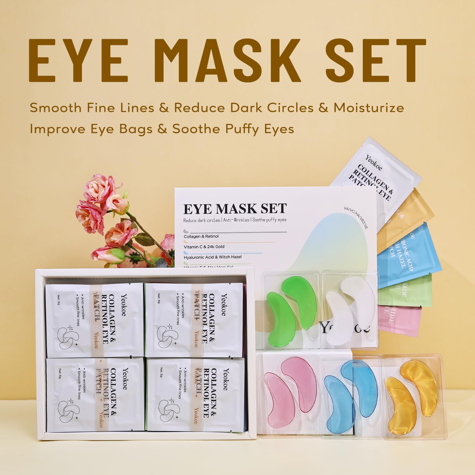 Yeokoe Eye Mask variety pack displaying five different skincare formulas for puffy eyes.