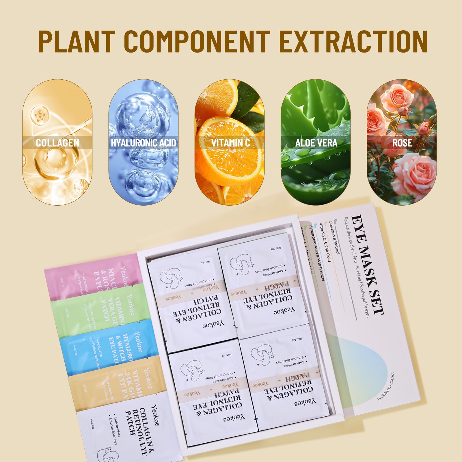 Collagen and Retinol eye patch variants targeting fine lines and skin elasticity.